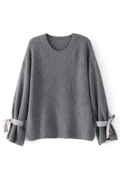 New Arrival Fashion Bow Tied Cuff Long Sleeve Round Neck Plain Sweater