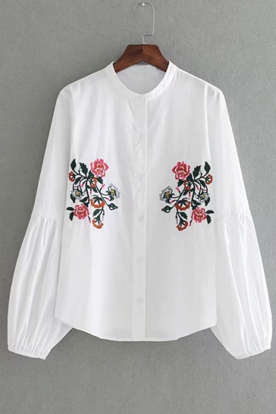 New Arrival Fashion Lantern Long Sleeve Chic Floral Embroidered Buttons Down Shirt