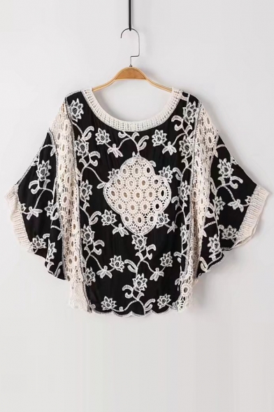 New Arrival Hollow Out Floral Pattern Batwing 3/4 Length Sleeve Blouse