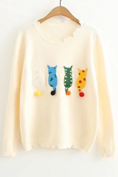 New Collection Cartoon Cat Patched Round Neck Long Sleeve Sweater