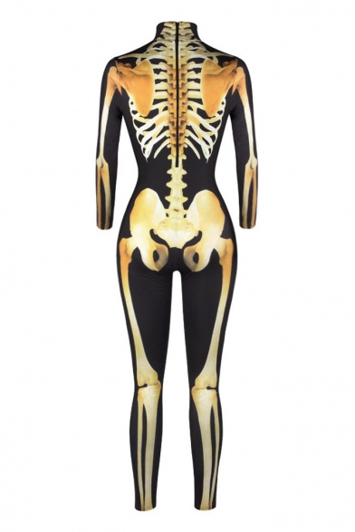 New Fashion Metallic Skeleton Pattern Long Sleeve Close-Fitted Jumpsuits