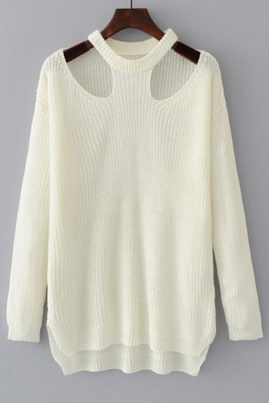 New Fashion Round Neck Long Sleeve Cold Shoulder Plain Pullover Sweater