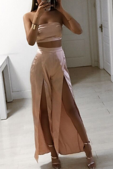 New Sexy Plain Cropped Bandeau Top with Split Wide Legs Pants