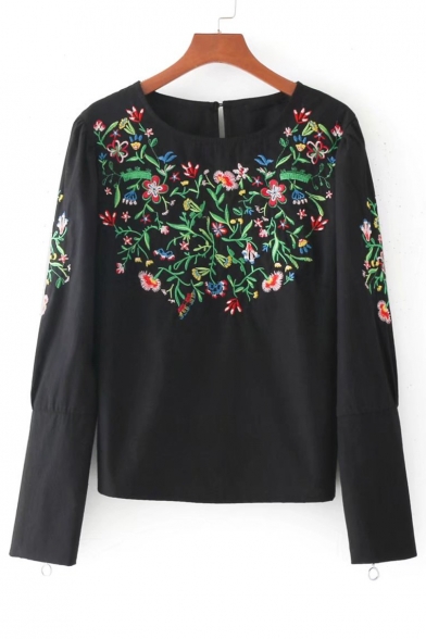 New Stylish Zip Embellished Long Sleeve Floral Embroidered Pullover Blouse
