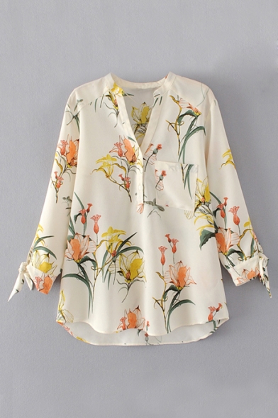 Summer's Floral Printed V Neck 3/4 Sleeve Pullover Blouse with Single Pocket