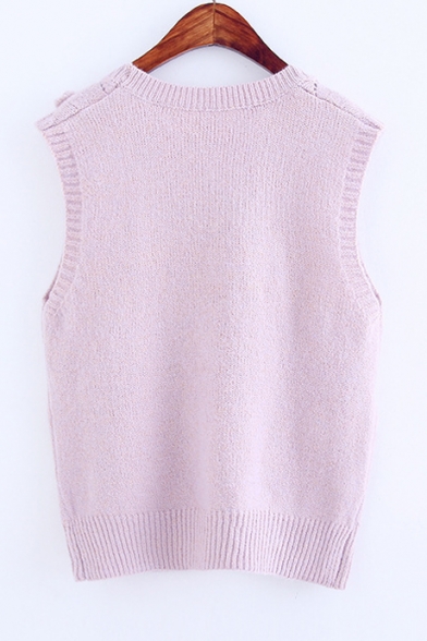 Sweet Lovely Floral Detail Hollow Out Scoop Neck Sleeveless Plain Sweater