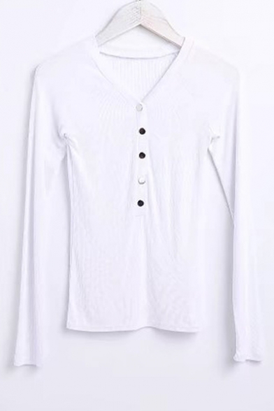 V Neck Long Sleeve Buttons Down Front Simple Plain Pullover Sweater