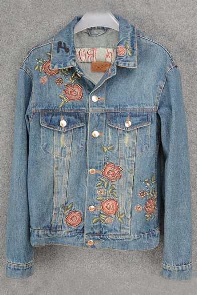 Vintage Rose Embroidered Lapel Collar Long Sleeve Buttons Down Denim Jacket