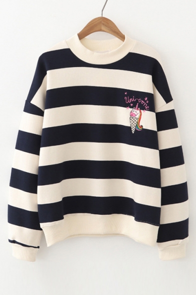 Chic Cartoon Embroidered Striped Pattern Round Neck Long Sleeve Sweatshirt