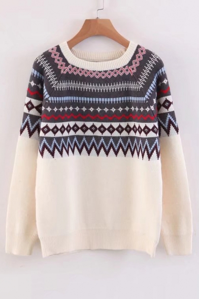 Chic Geometric Pattern Long Sleeve Round Neck Casual Sweater