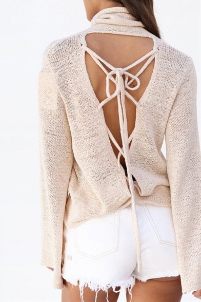 Chic Lace-Up Open Back Turtle Neck Long Sleeve Simple Plain Sweater