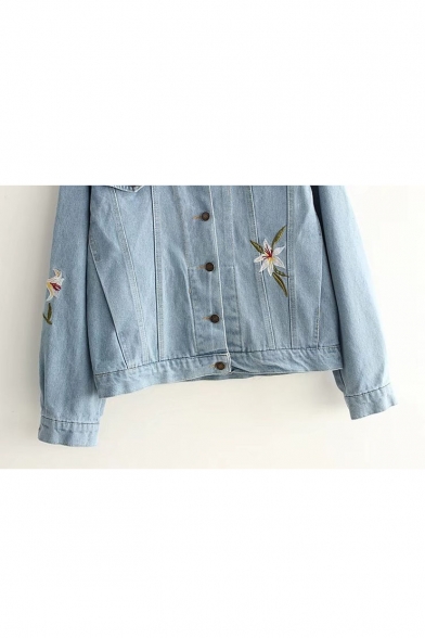Fall Winter Collection Embroidery Floral Pattern Single Breasted Lapel Denim Jacket