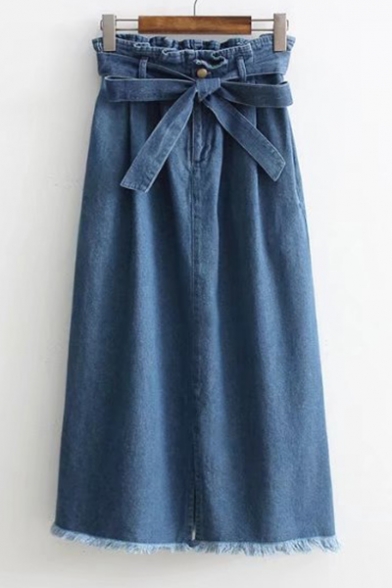 Fashion Belt Waist Split Front Fringe Hem Plain Maxi Denim Skirt