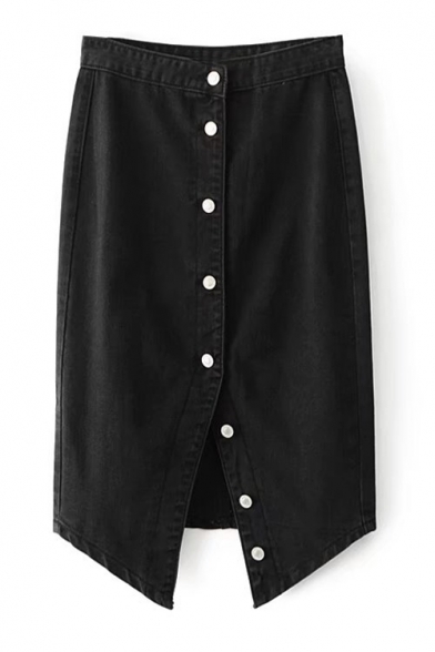 Fashion Buttons Down Split Front Simple Plain Midi Denim Skirt