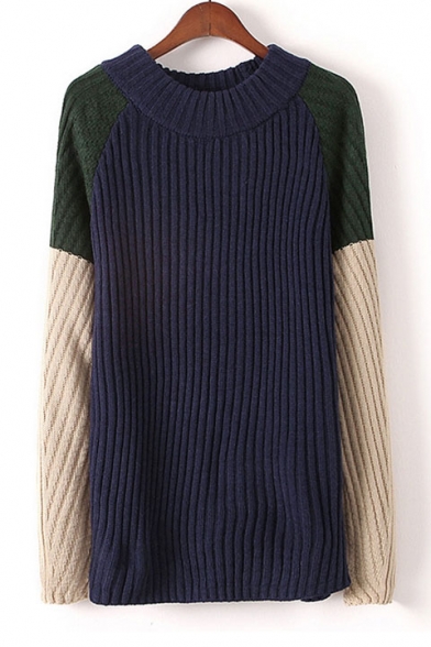Fashion Contrast Raglan Long Sleeve Round Neck Tunic Sweater