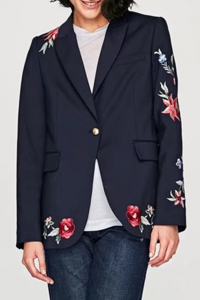 Fashion Floral Embroidered Lapel Collar Long Sleeve Blazer Coat with Single Button