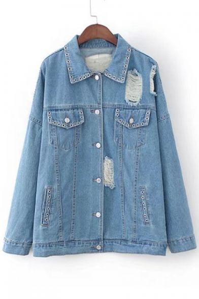 Hollow Out Lapel Single Breasted Ripped Plain Denim Jacket