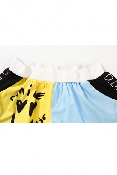 Lovely Cartoon Letter Pattern Round Neck Tank with Loose Shorts Sports Set