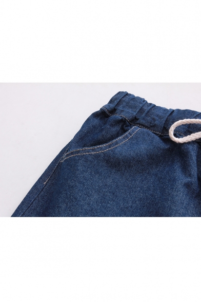 Lovely Embroidery Rabbit and Carrot Pattern Drawstring Waist Basic Jeans
