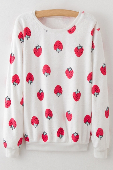 New Arrival Chic Strawberry Pattern Long Sleeve Round Neck Sweatshirt