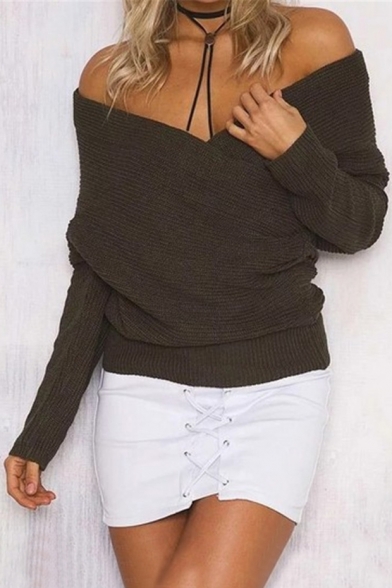 New Arrival Chic Wrap V Neck Long Sleeve Simple Plain Sweater