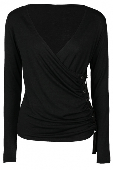Sexy Wrap Plunge Neck Lace-Up Side Long Sleeve Plain Fitted T-Shirt