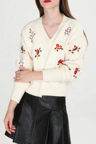 V Neck Long Sleeve Chic Floral Embroidered Pullover Sweater
