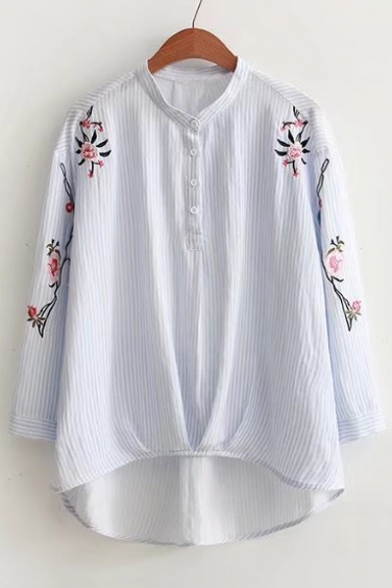 Women's High Low Hem Stand Up Collar Embroidery Floral Single Breasted Shirt