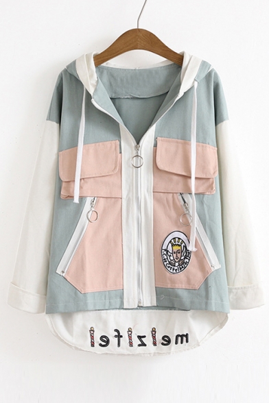Chic Color Block Letter Embroidered Hem Long Sleeve Hooded Zip Up Coat