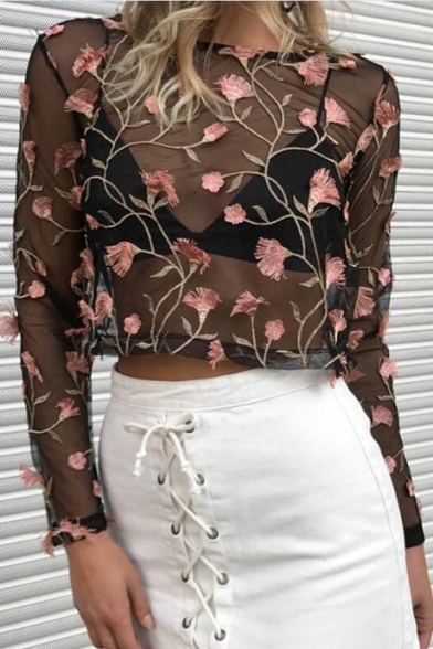 Chic Floral Embroidered Sheer Mesh Round Neck Long Sleeve Cropped Top