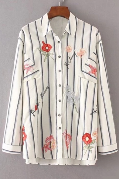 Chic Floral Embroidered Striped Print Long Sleeve Buttons Down Shirt
