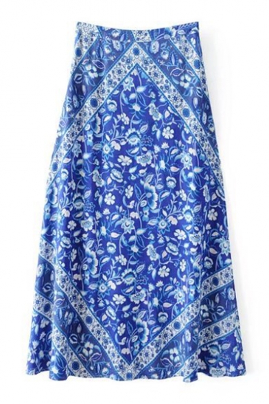 Chic Floral Printed Color Block Zip Side Maxi Skirt