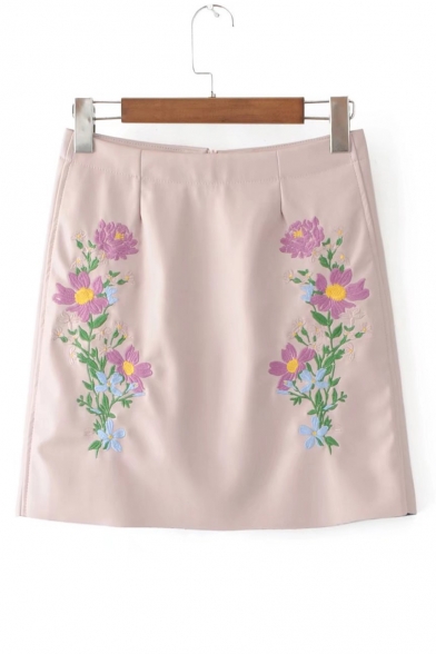 Chic Symmetrical Floral Embroidered Zip Back Mini A-Line PU Skirt
