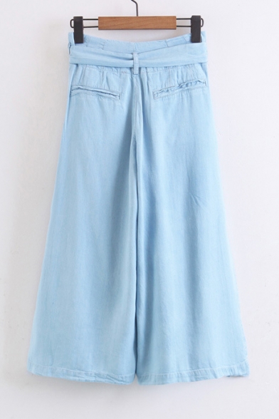 Double Rings Tied Waist Basic Plain Loose Leisure Wide Legs Culottes Jeans