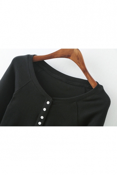 Fashion Buttons Down Front Round Neck Long Sleeve Basic Plain Sweater