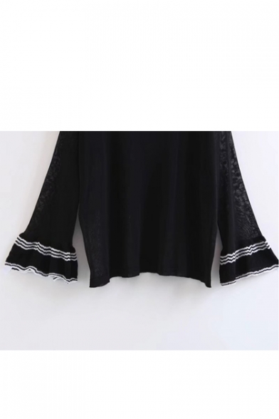 Fashion Color Block Ruffle Long Sleeve Round Neck Pullover Loose Sweater
