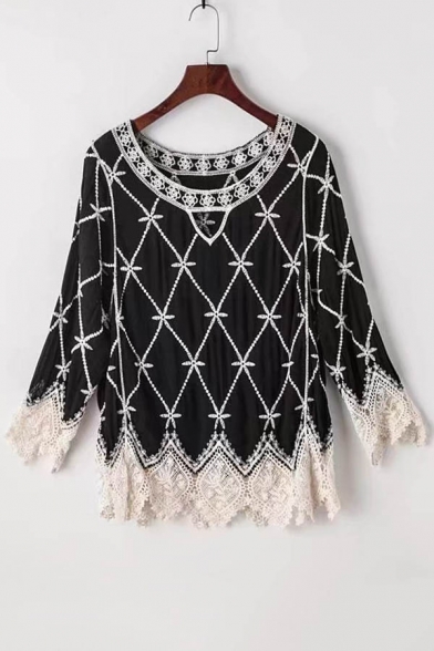 Fashion Hollow Out Lace Patchwork Embroidery Color Block Long Sleeve Blouse