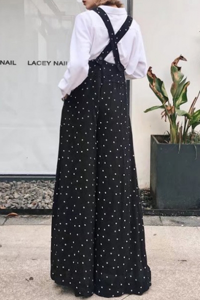 Fashion Polka Dot Pattern Crossed Back Loose Wide Legs Overall Pants