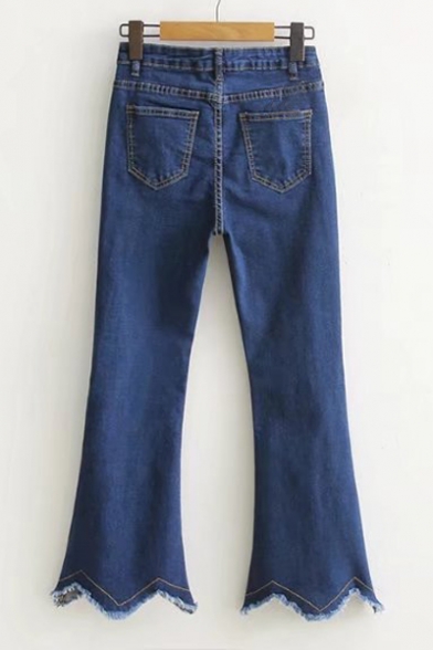 High Waist Basic Plain Fashion Fringe Hem Skinny Flared Jeans