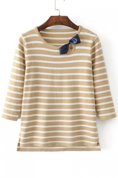 Lovely Bow Detail Striped Color Block Half Sleeve Pullover Sweater