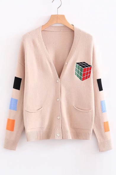 Magic Cube Pattern V Neck Long Sleeve Buttons Down Cardigan with Double Pockets