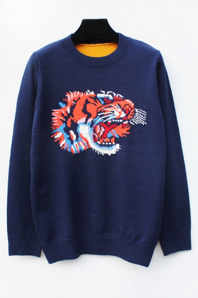 New Arrival Embroidery Tiger Pattern Long Sleeve Round Neck Pullover Sweater