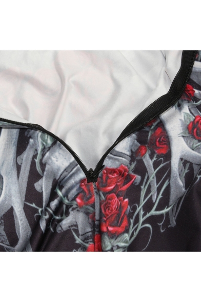 New Stylish Skeleton Floral Printed Round Neck Long Sleeve Slim Jumpsuits