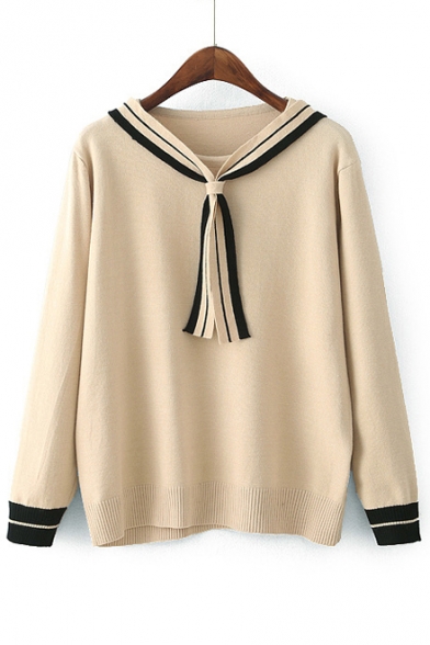 Round Neck Long Sleeve Fashion Bow Tie Front Color Block Sweater
