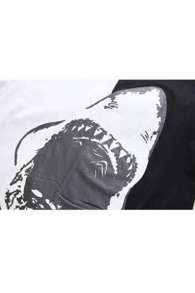 Shark Pattern Chic Color Block Round Neck Half Sleeve Loose T-Shirt