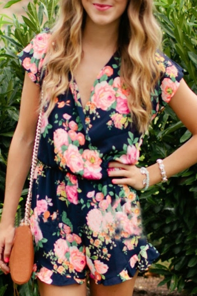 Summer's Fashion Floral Pattern Plunge Neck Short Sleeve Casual Rompers