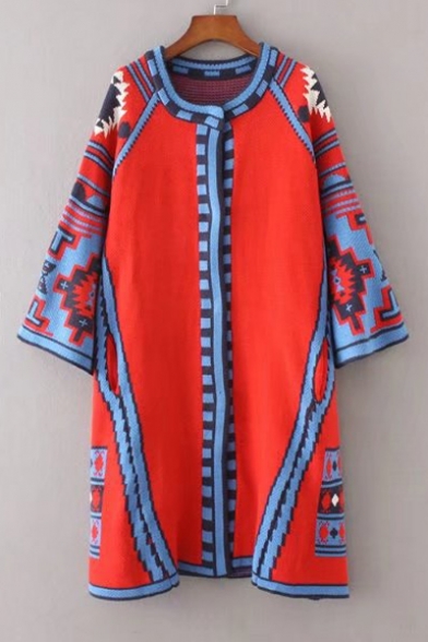 Tribal Color Block Long Sleeve Single Breasted Tunic Cardigan