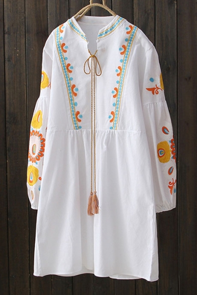 Tribal Embroidery Floral Pattern Long Sleeve V-Neck Mini Smock Dress