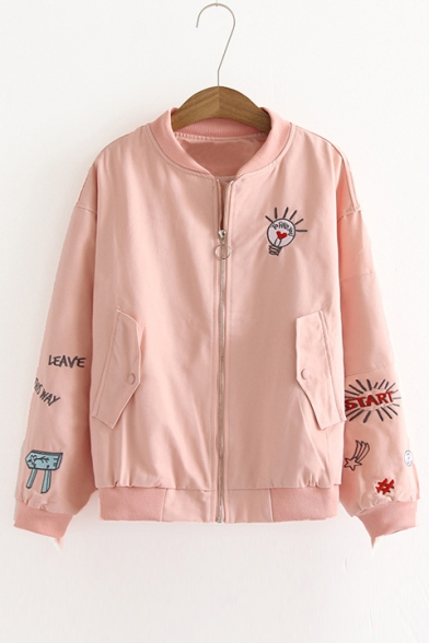 Cartoon Bulb Letter Embroidered Long Sleeve Zip Up Leisure Jacket
