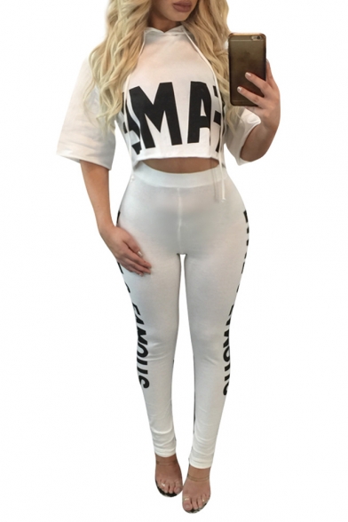 Casual Leisure Letter Printed Cropped Hoodie with Skinny Sports Pants